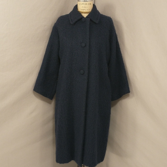 Vintage Mohair Coat Navy Blue 50s 60s Classic See Measure ApxLg Authentic Wool
